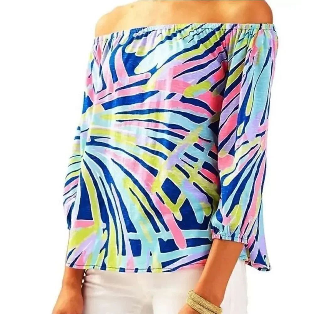 Lilly Pulitzer Emma Knit Top Off-the-Shoulder Sea Dream size XS X-Small READ